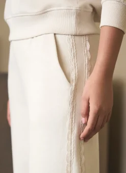 Cream Cotton Blend Lace Trim Joggers
