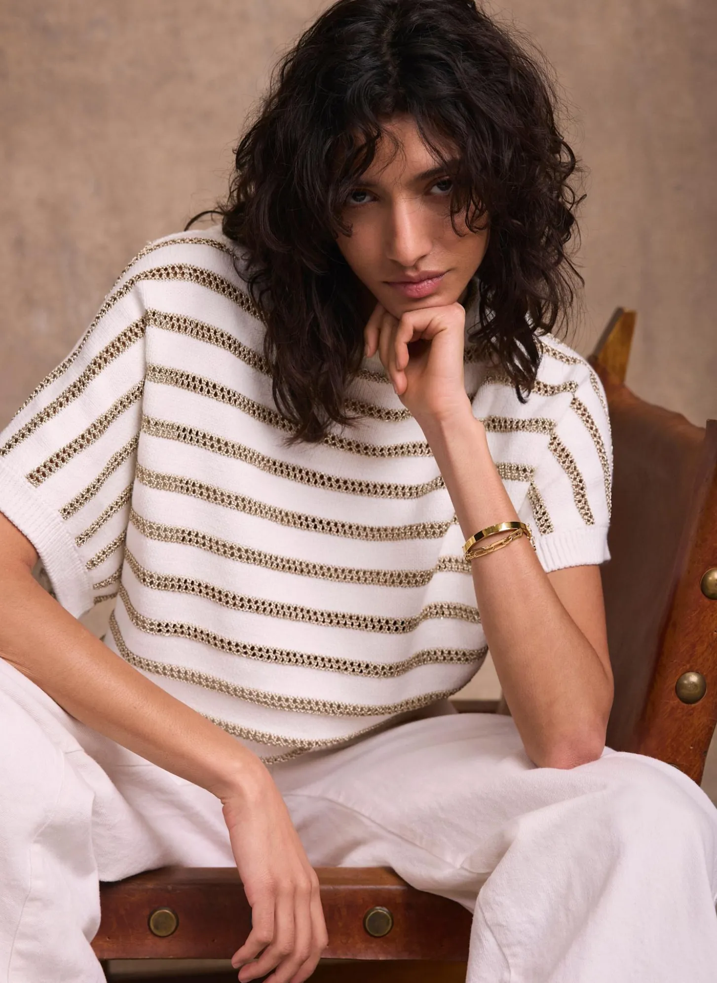 Cream Cotton Blend Metallic Stripe Top