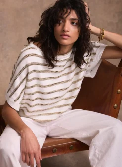 Cream Cotton Blend Metallic Stripe Top