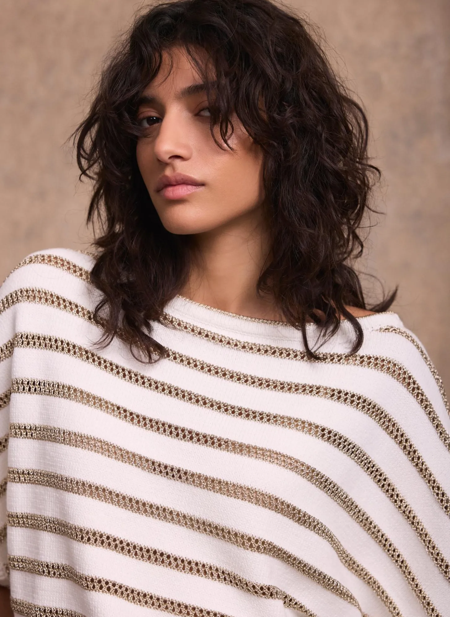 Cream Cotton Blend Metallic Stripe Top
