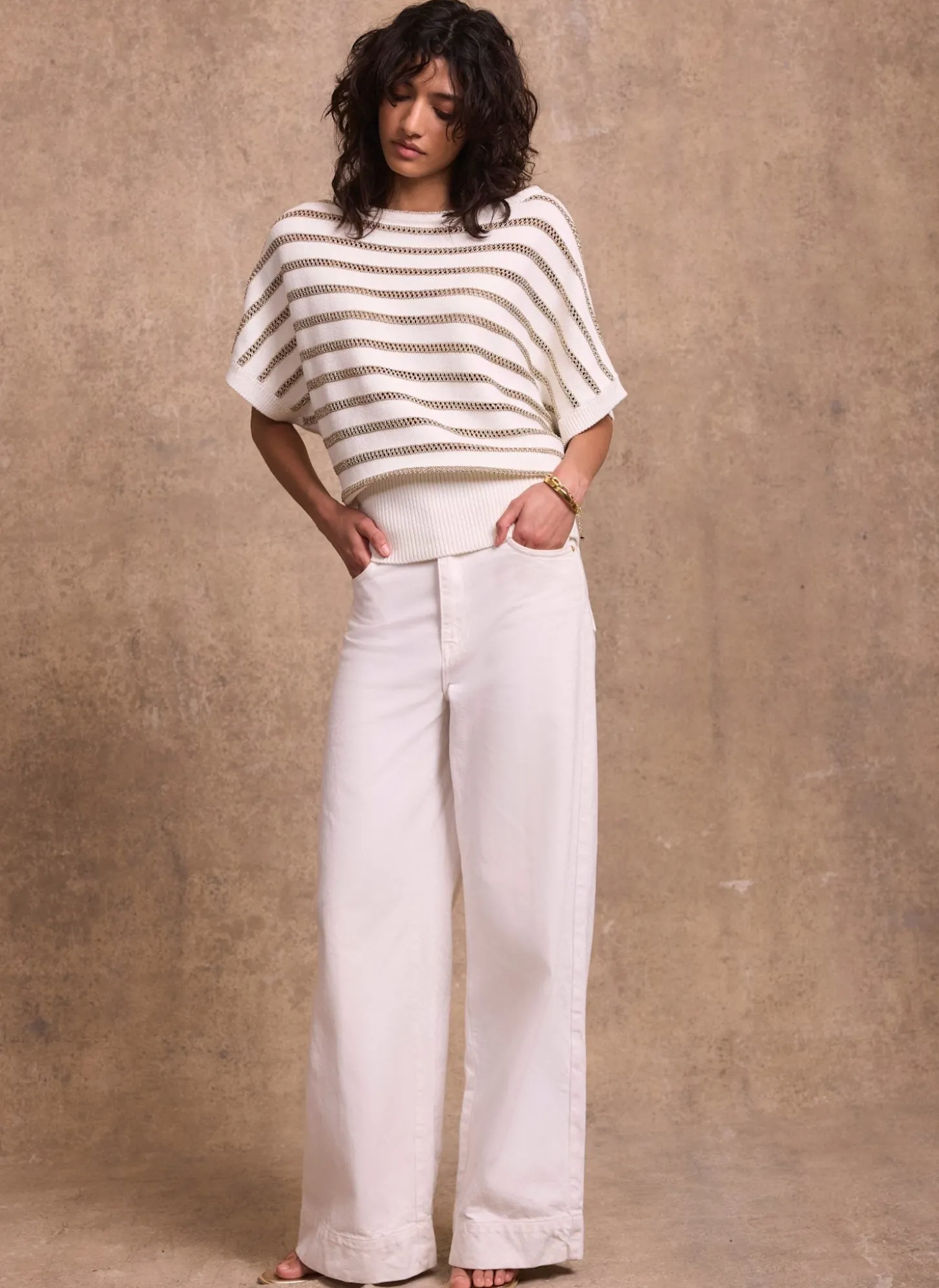 Cream Cotton Blend Metallic Stripe Top