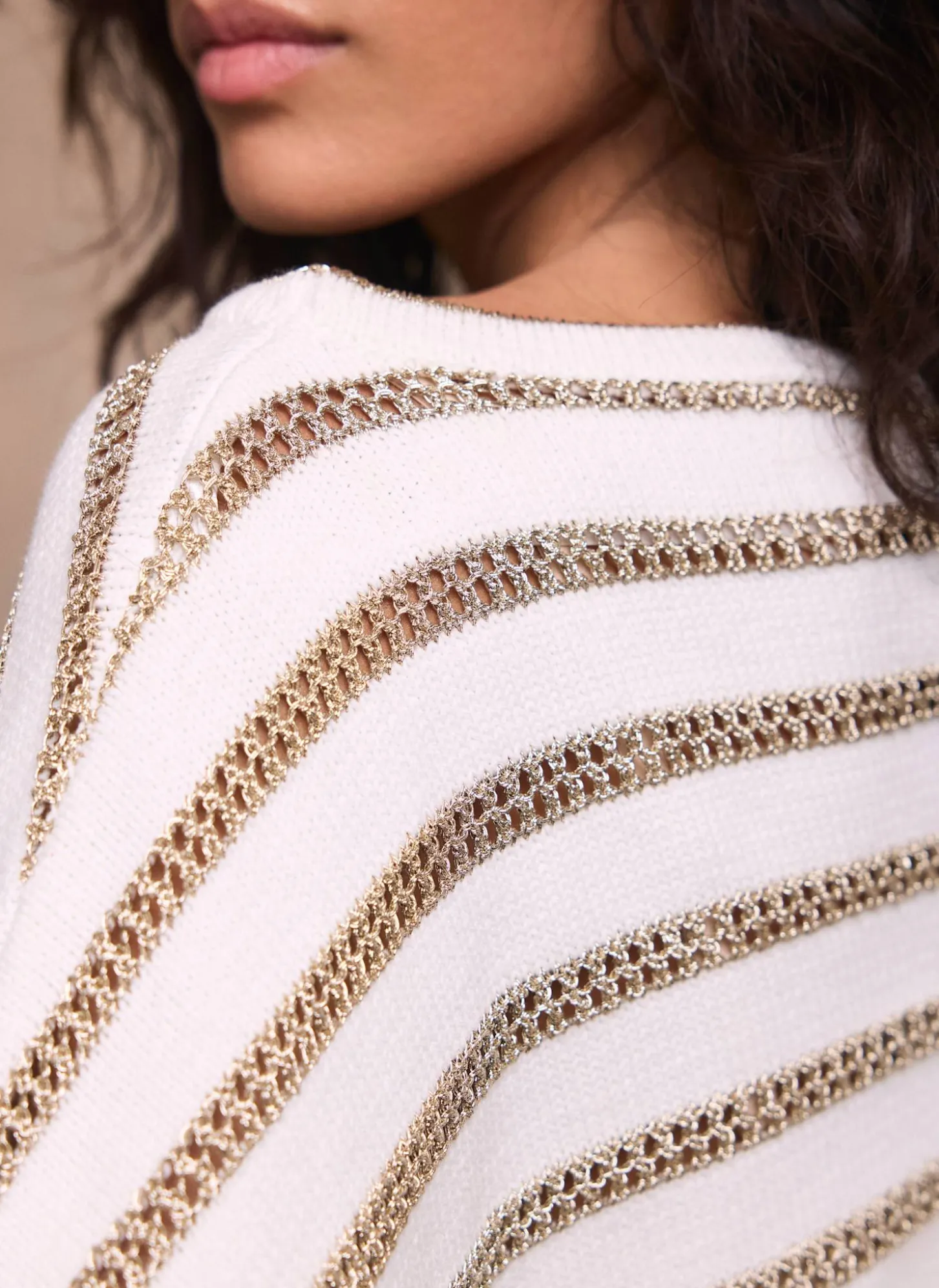 Cream Cotton Blend Metallic Stripe Top
