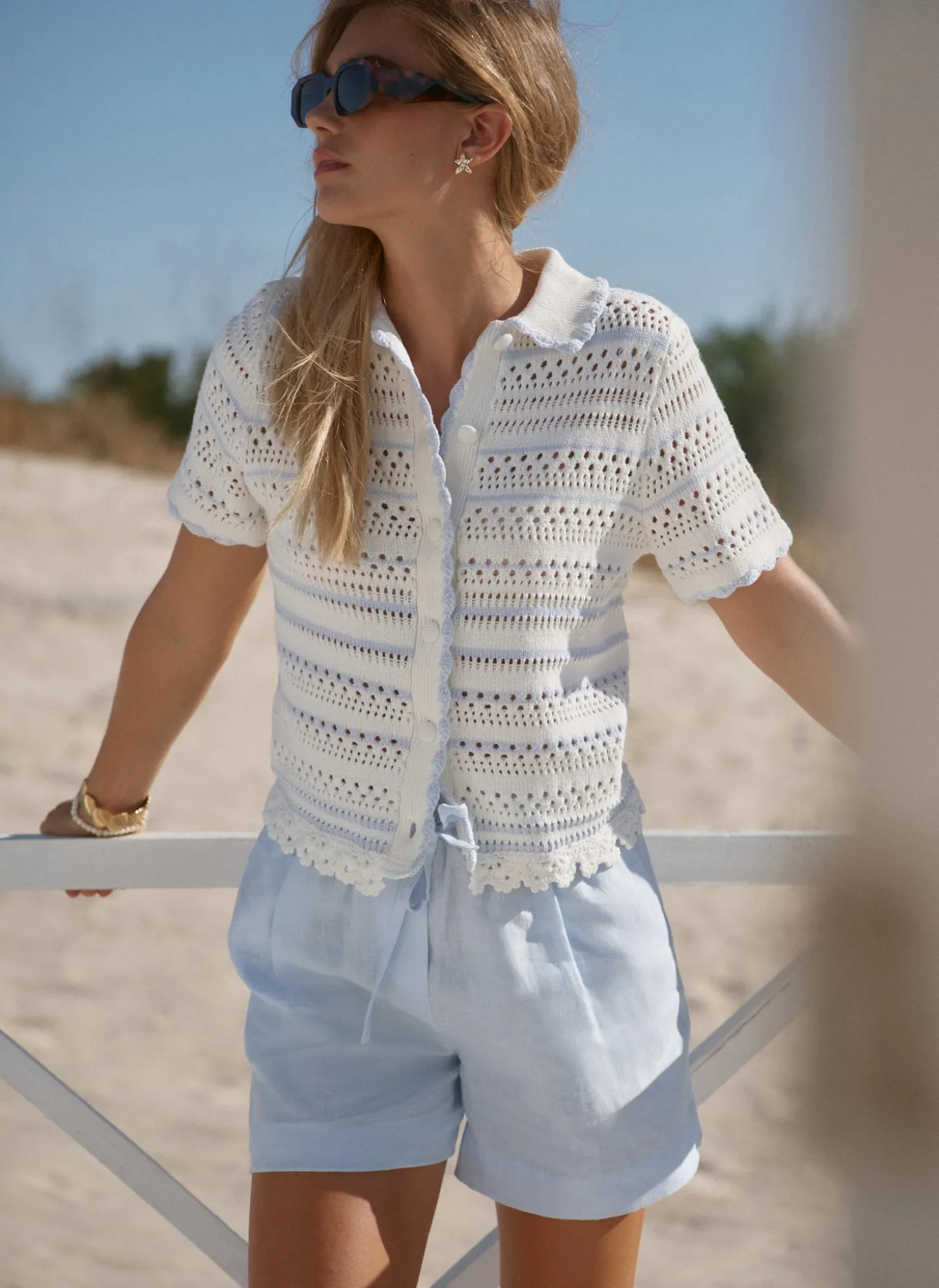 Cream Cotton Blend Stripe Crochet Top