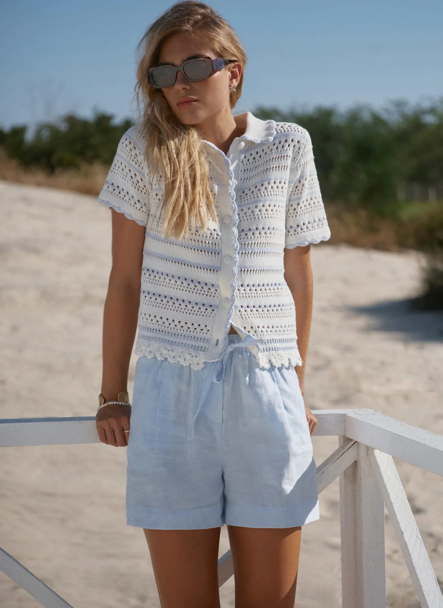 Cream Cotton Blend Stripe Crochet Top