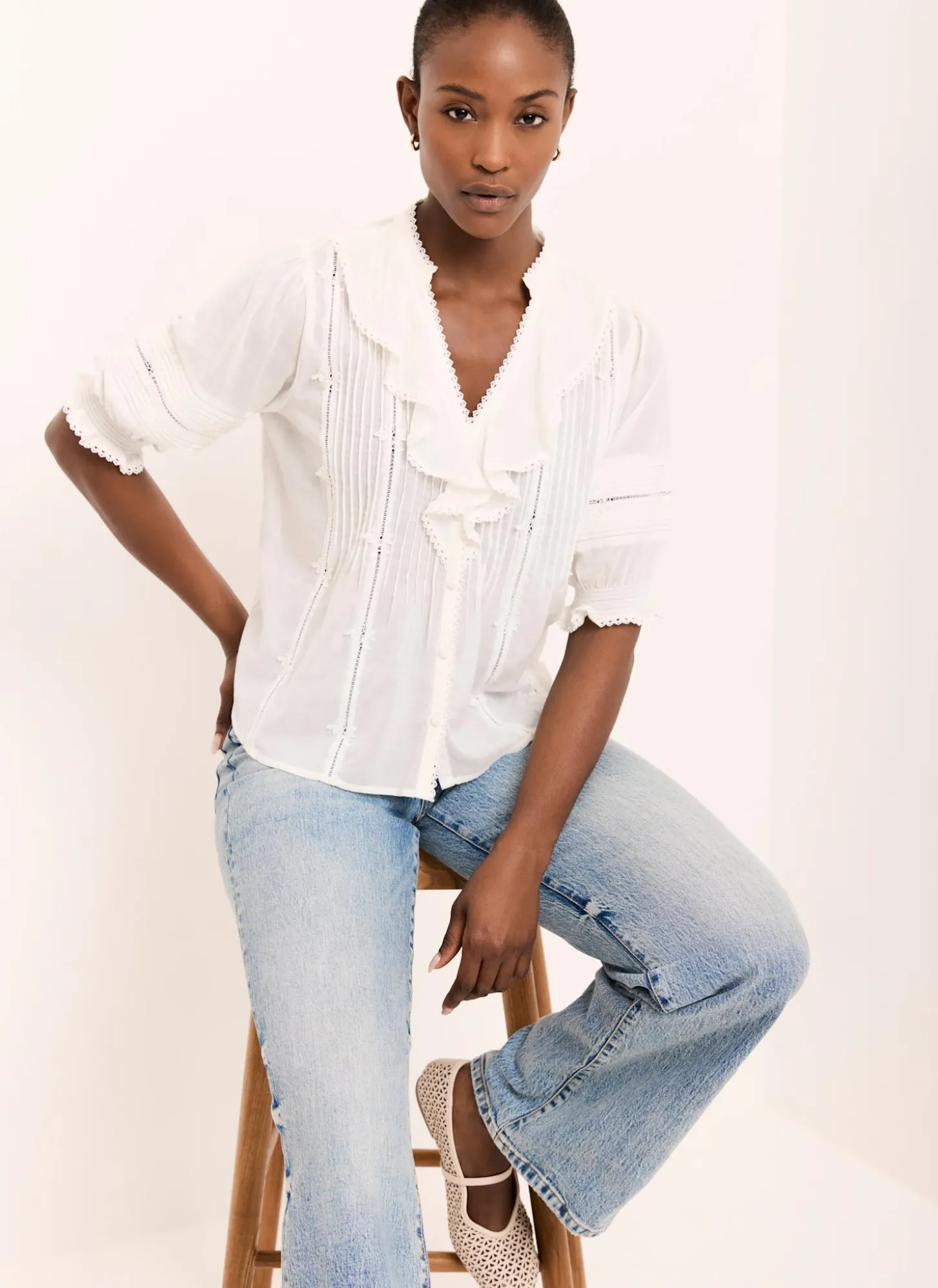 Cream Cotton Ruffle Blouse