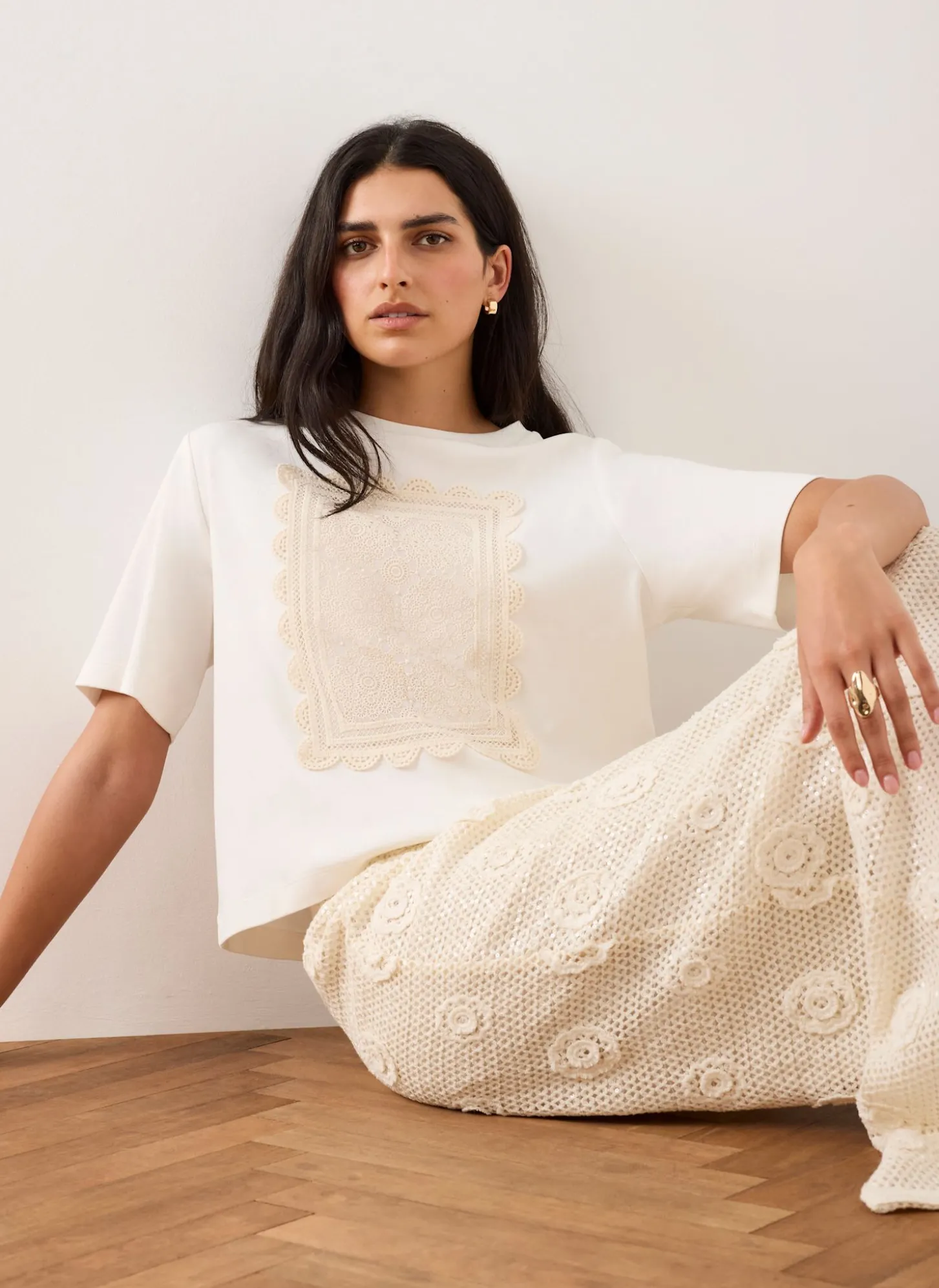 Cream Crochet Panel T-Shirt