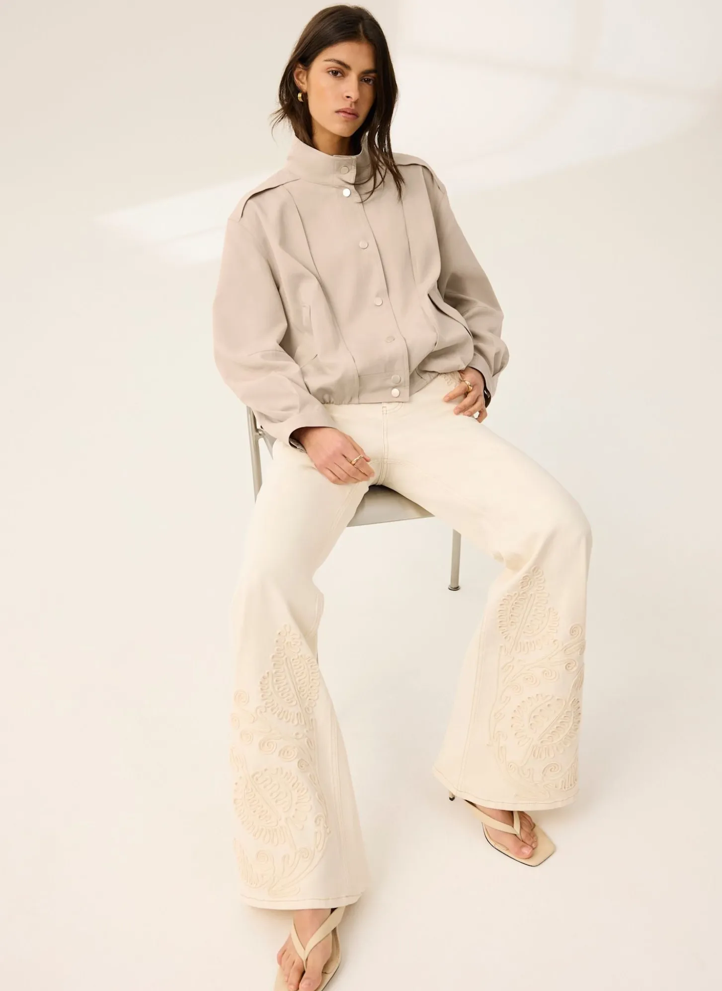 Cream Denim Embroidered Flared Jeans