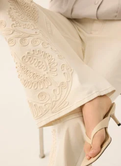 Cream Denim Embroidered Flared Jeans