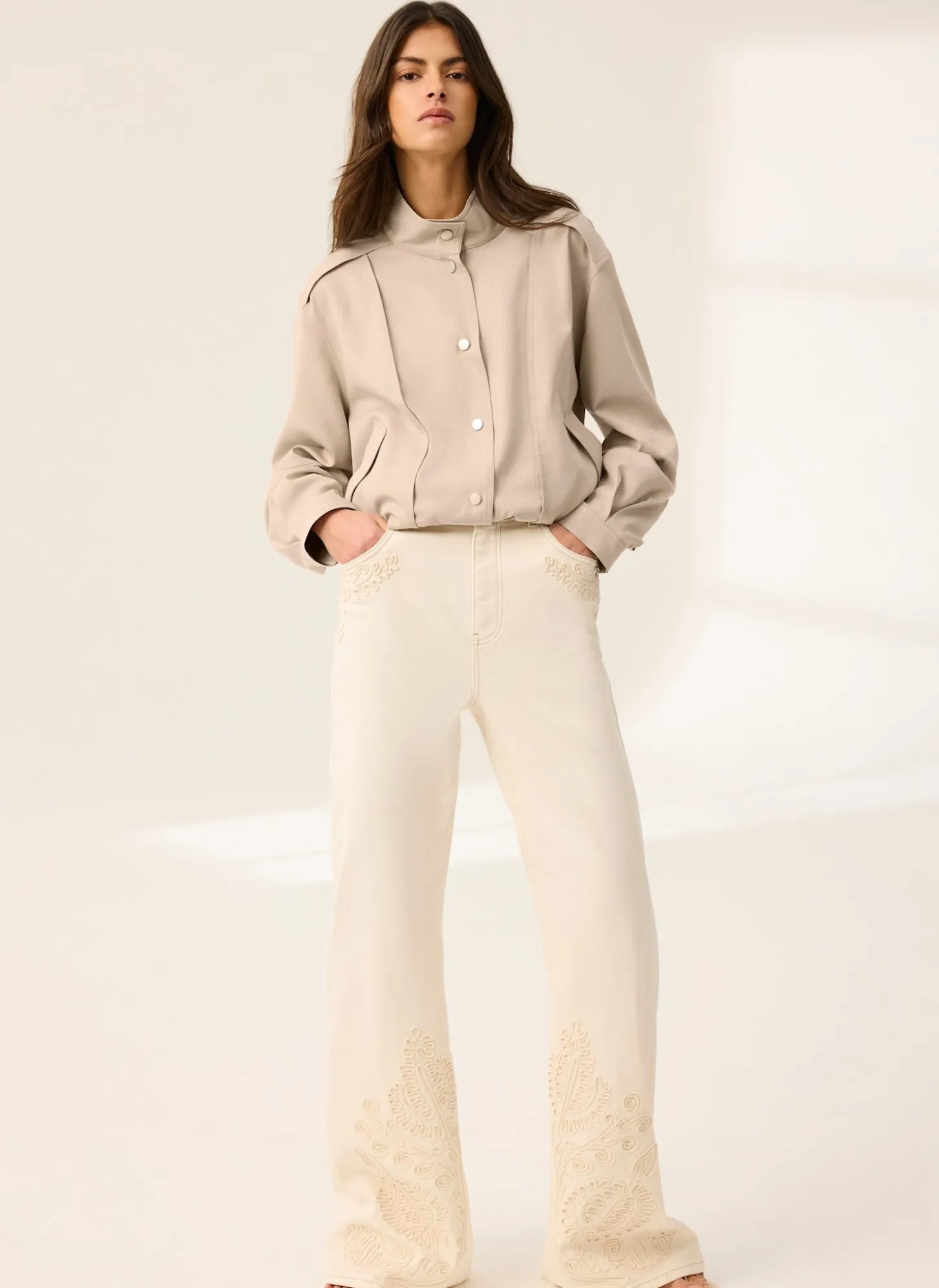 Cream Denim Embroidered Flared Jeans