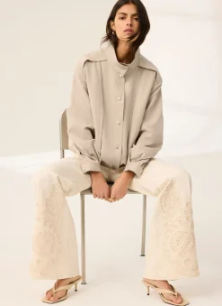 Cream Denim Embroidered Flared Jeans