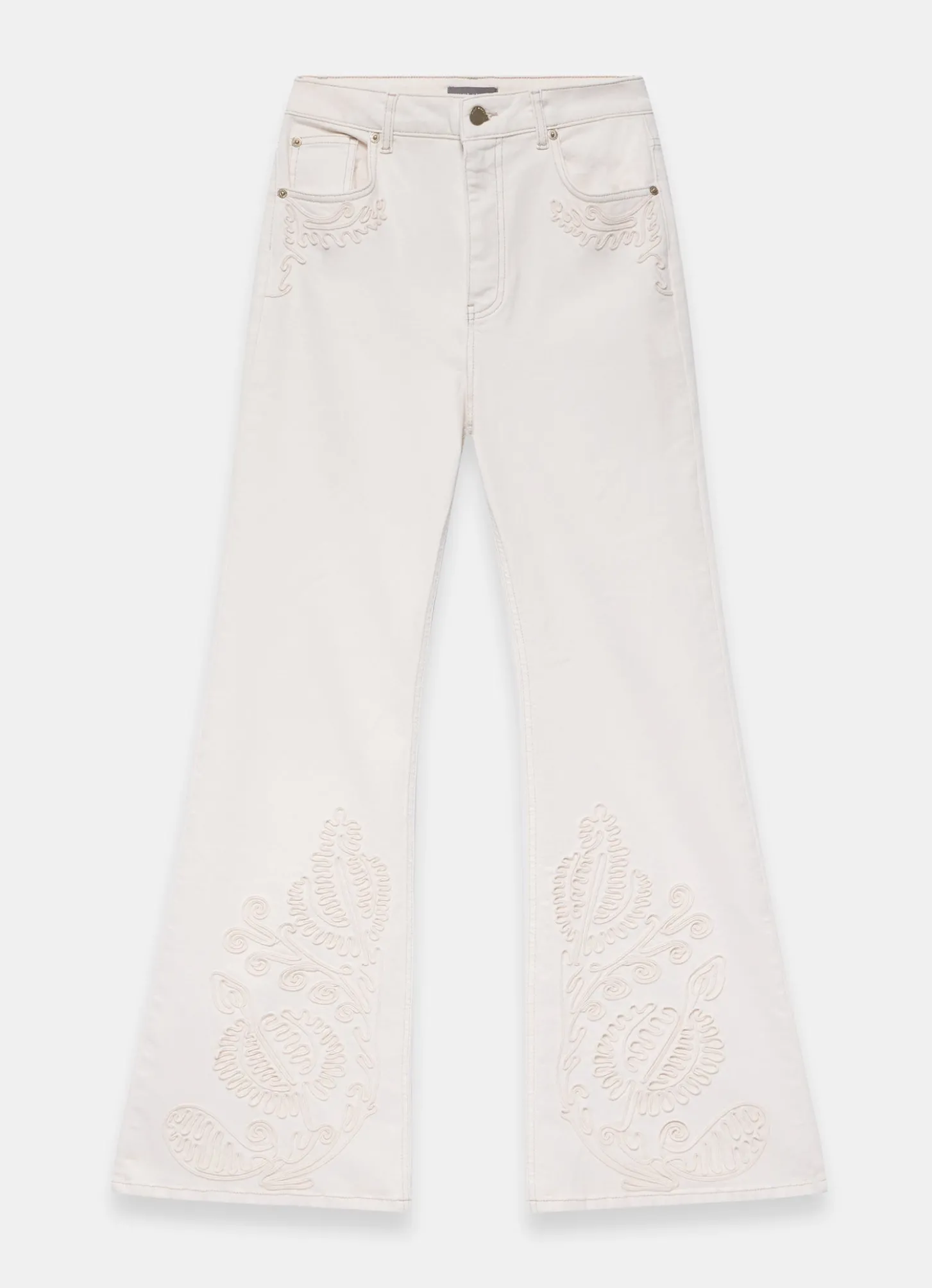 Cream Denim Embroidered Flared Jeans