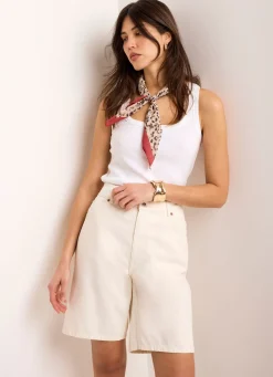 Cream Denim Mid Length Shorts