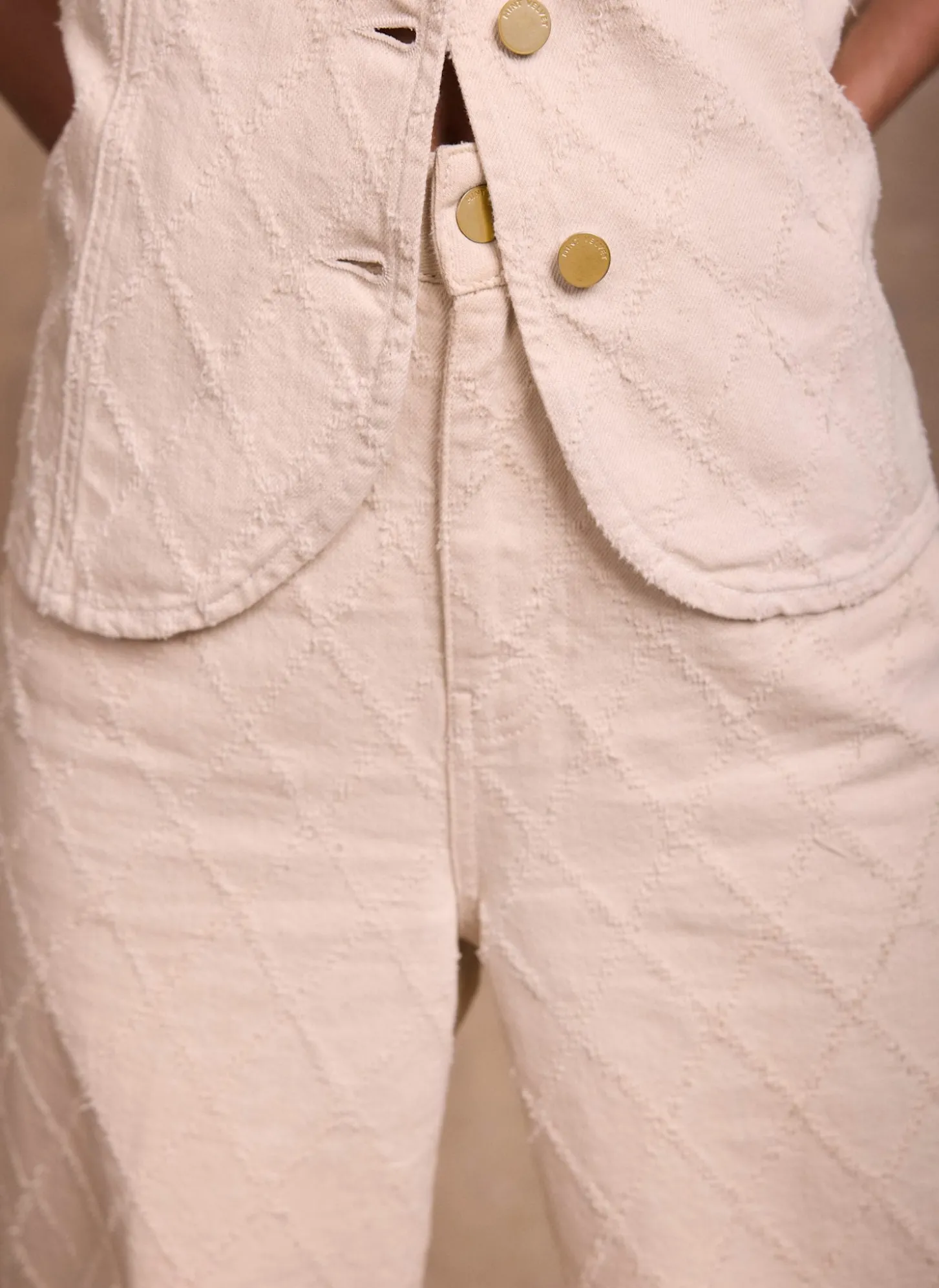 Cream Diamond Textured Wide Jeans