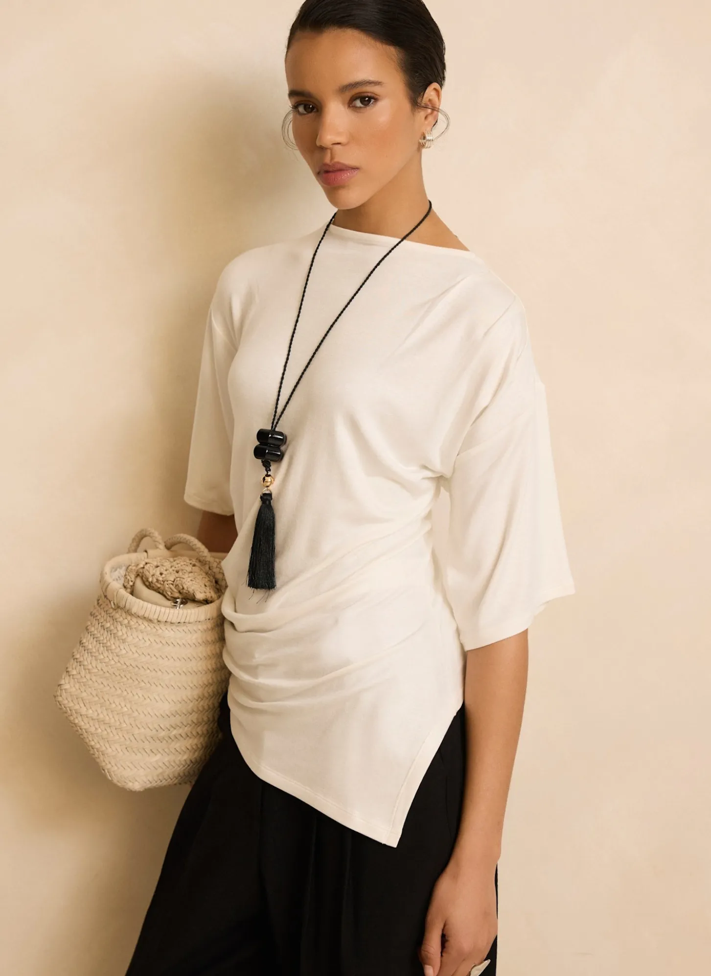 Cream Draped Asymmetric Top