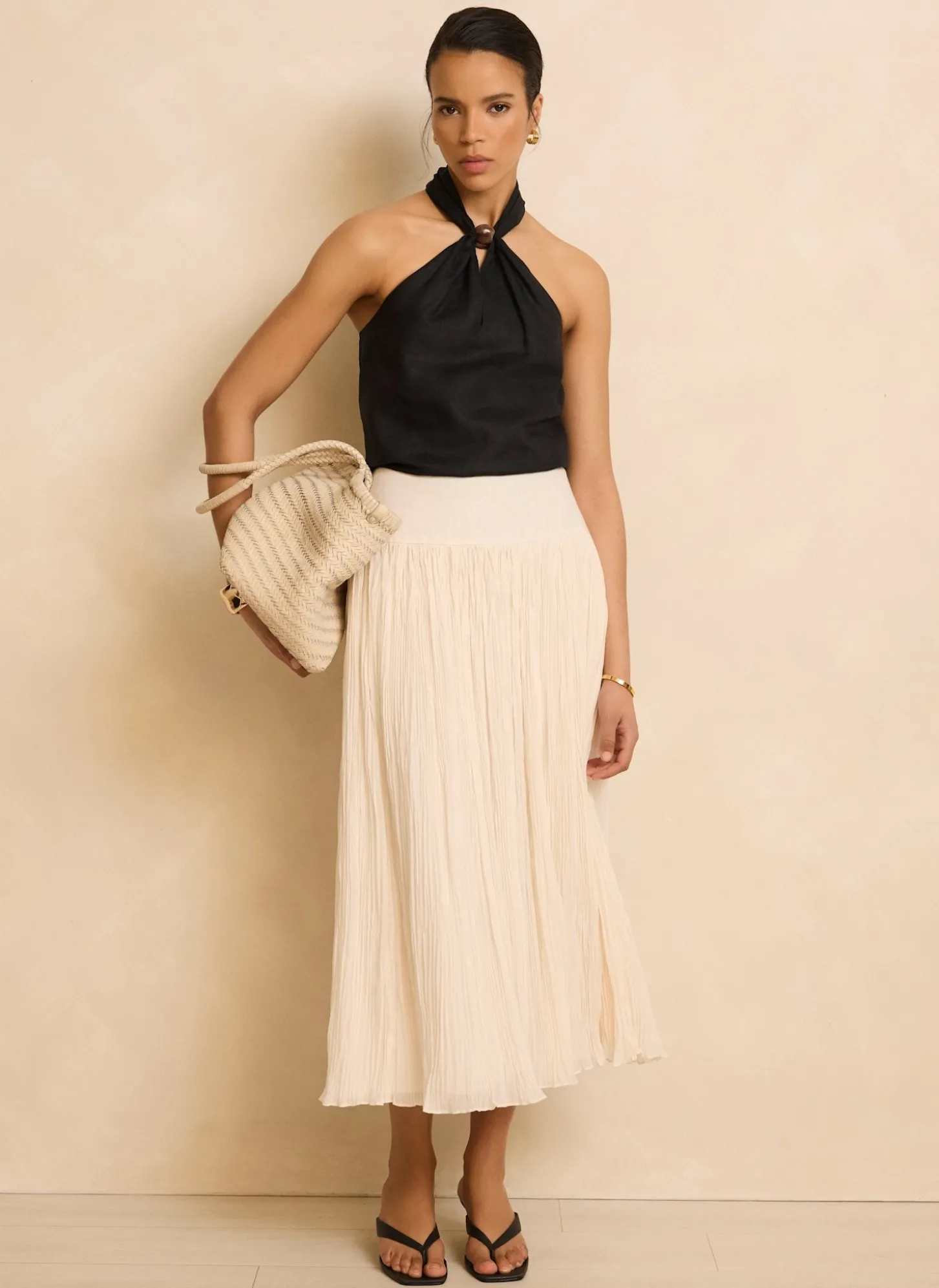 Cream Drop Waist Crinkle Midi Skirt