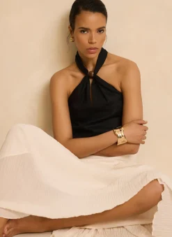 Cream Drop Waist Crinkle Midi Skirt