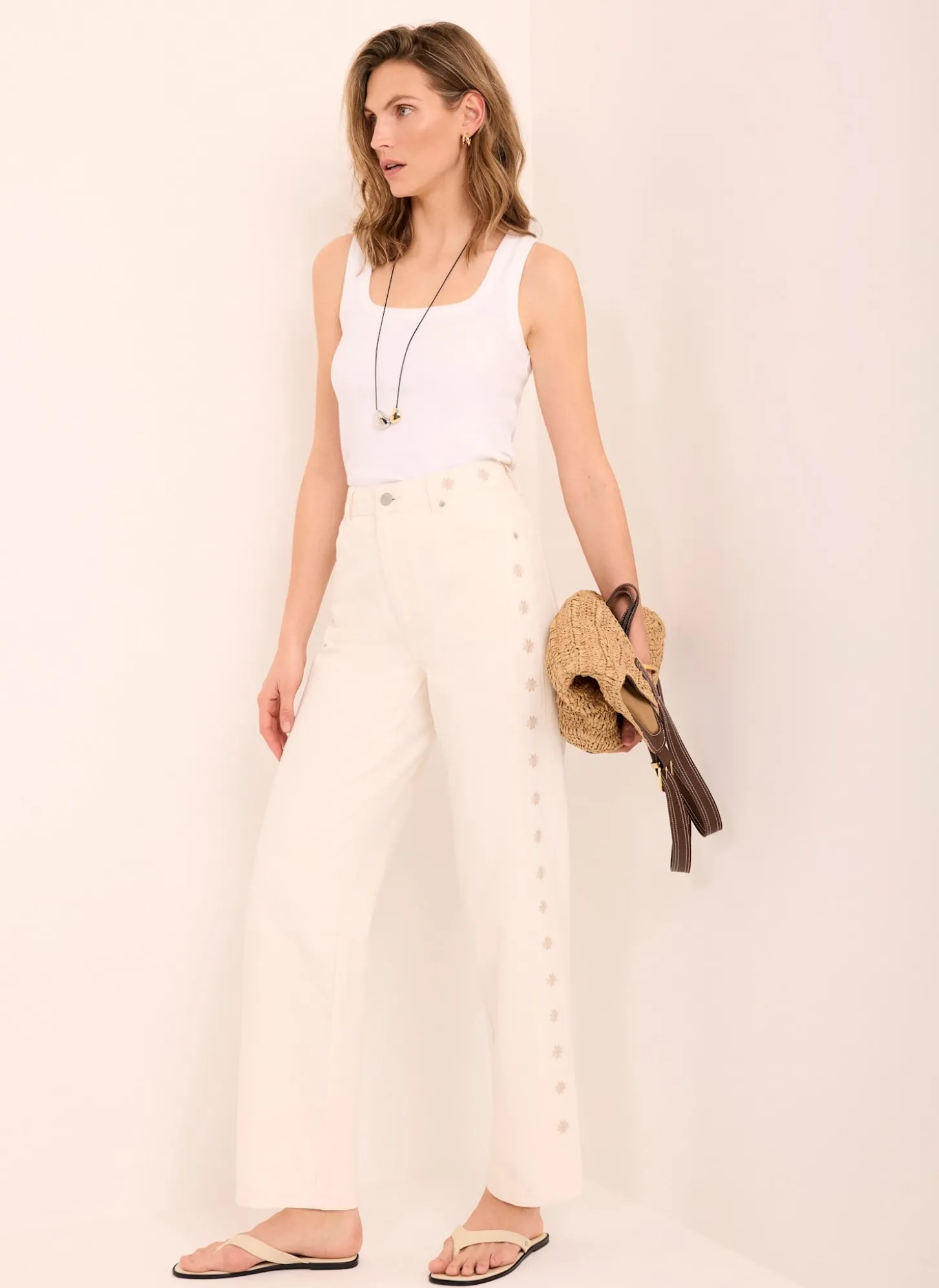 Cream Floral Embroidered Tapered Jeans