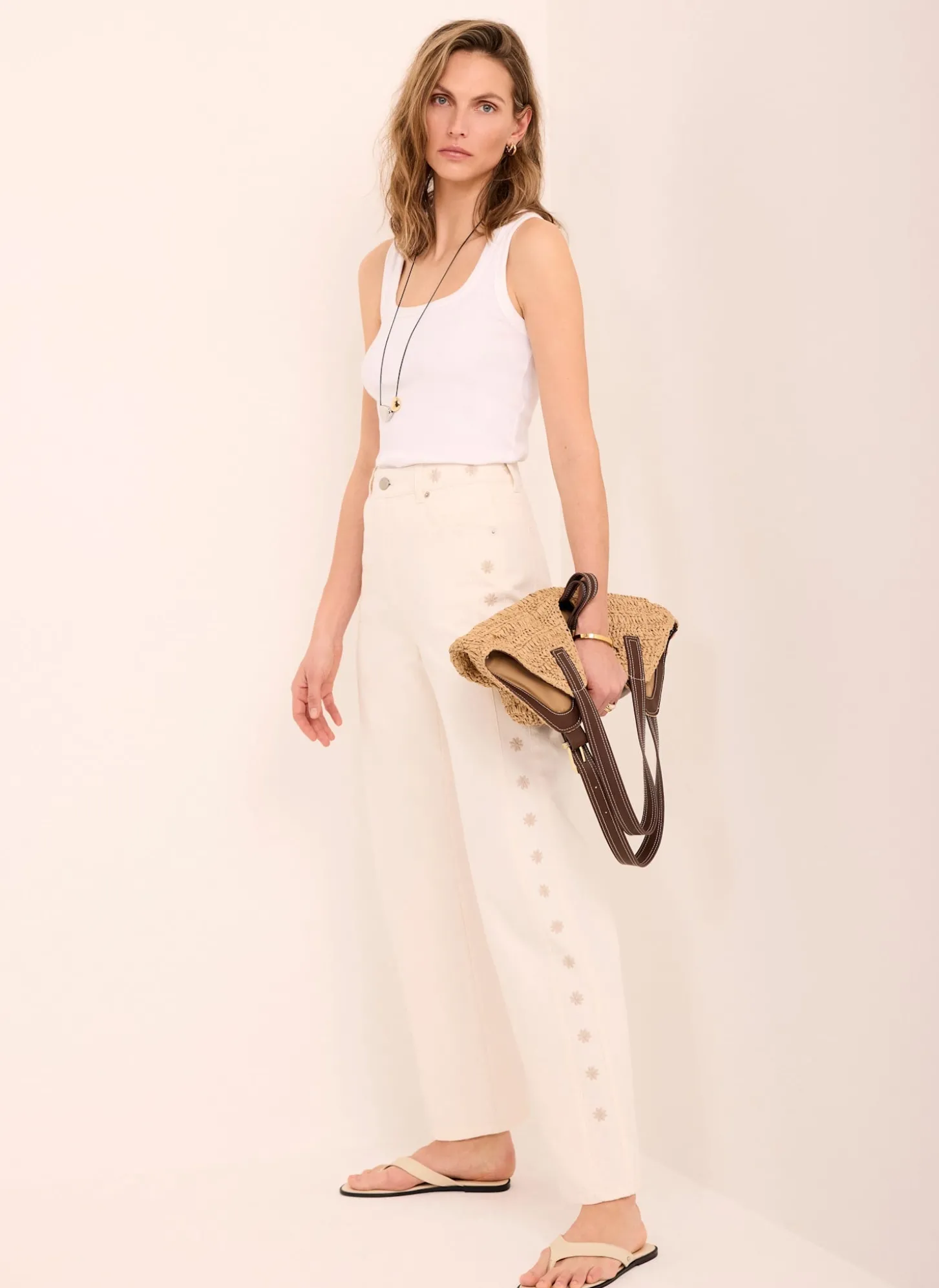 Cream Floral Embroidered Tapered Jeans