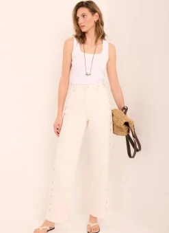 Cream Floral Embroidered Tapered Jeans