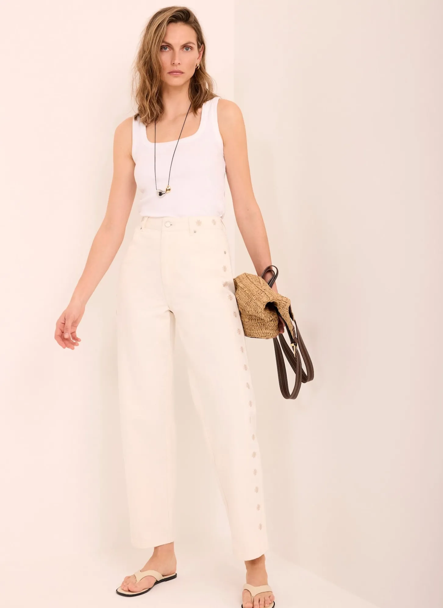 Cream Floral Embroidered Tapered Jeans