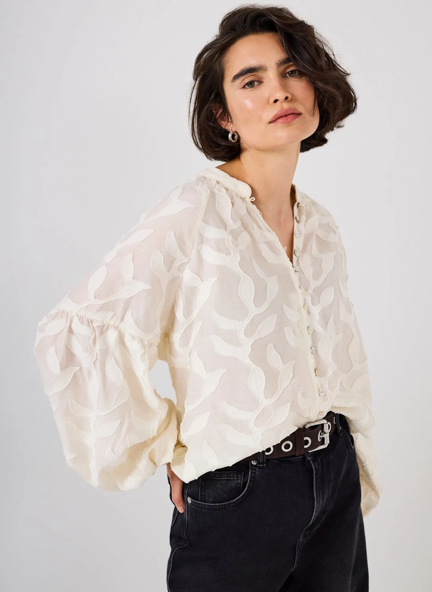 Cream Floral Jacquard Blouse