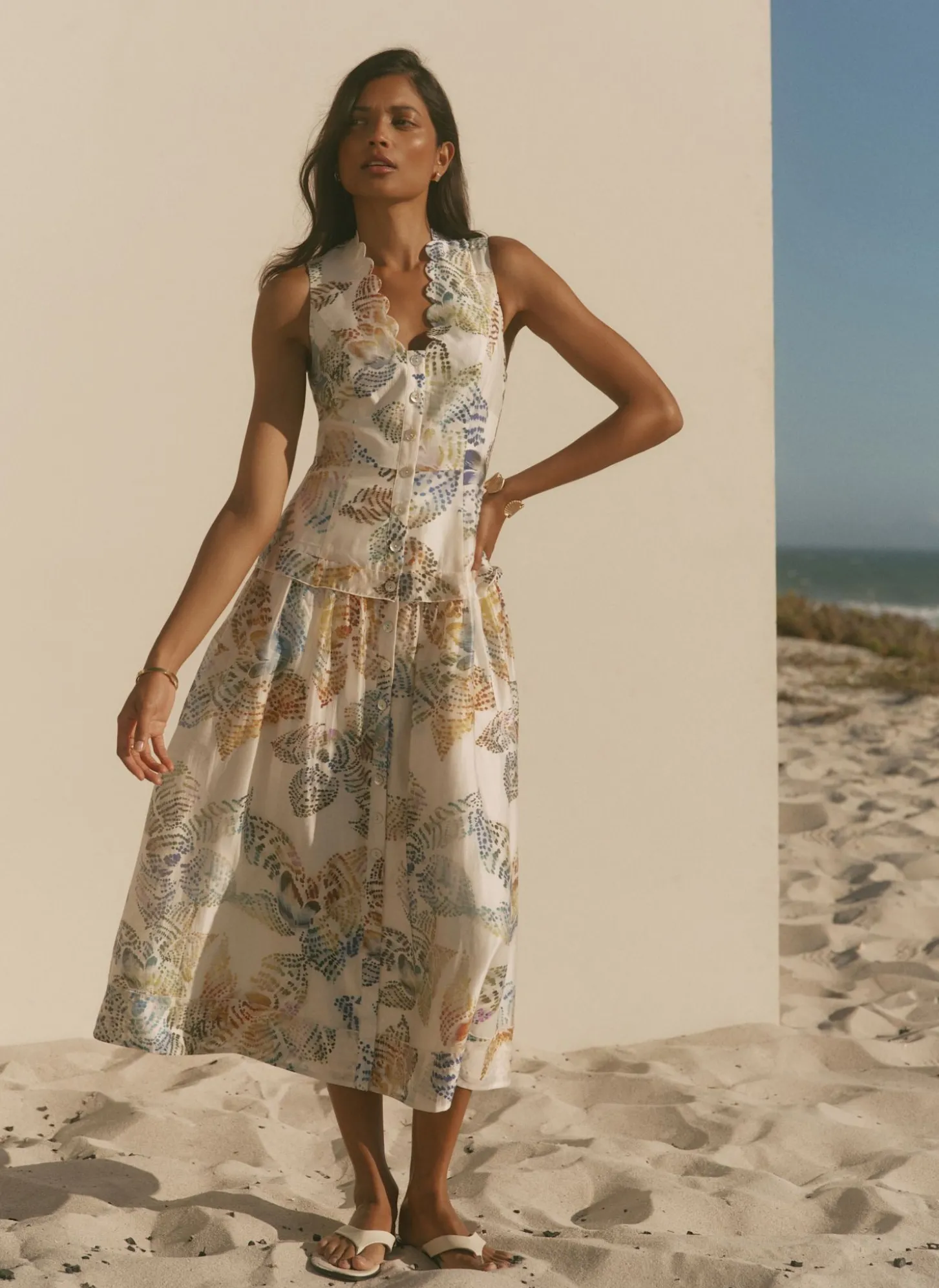 Cream Floral Print Midi Dress