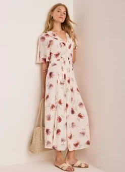 Cream Floral Print Midi Dress
