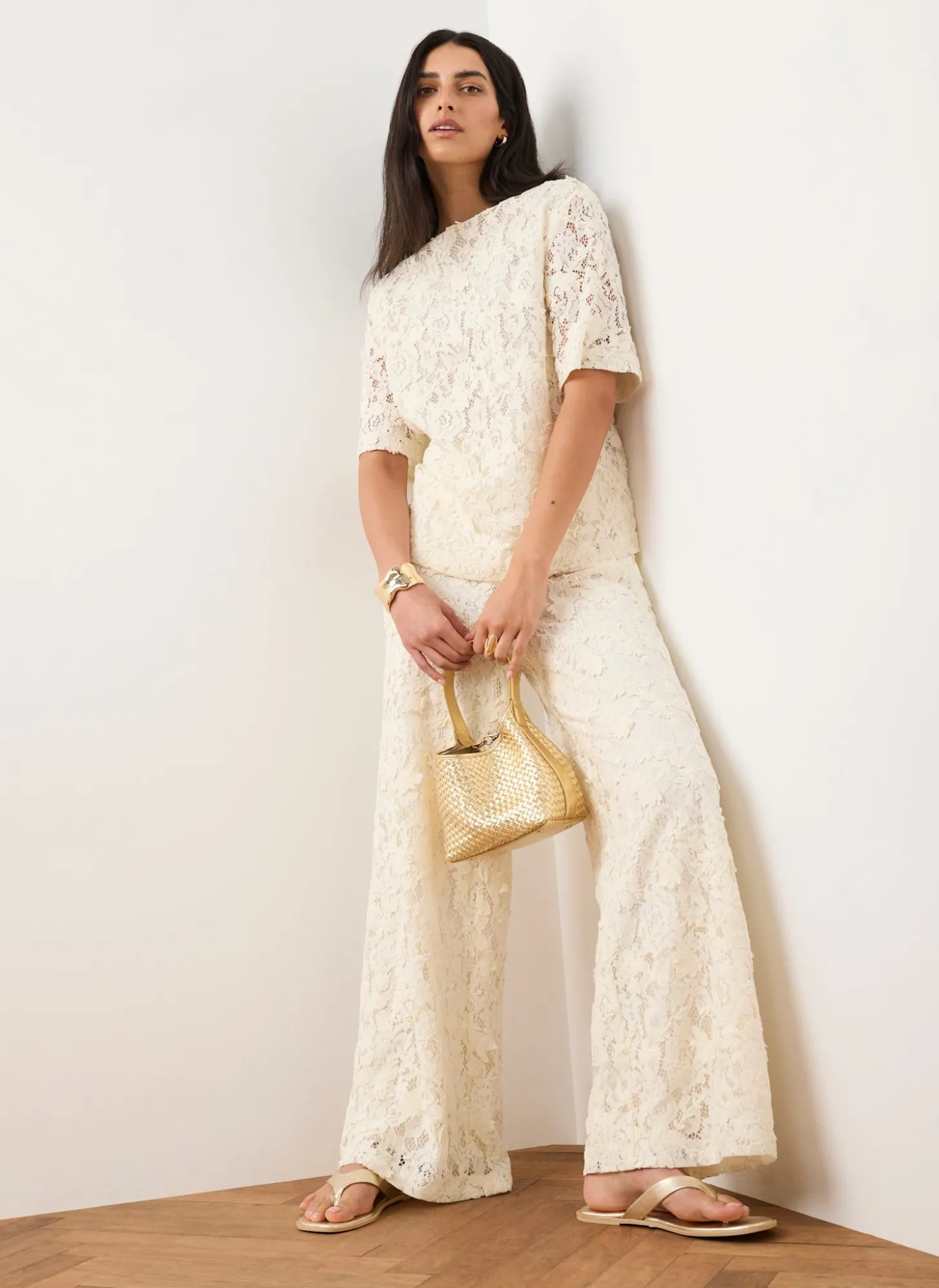Cream Lace Wide Leg Trousers