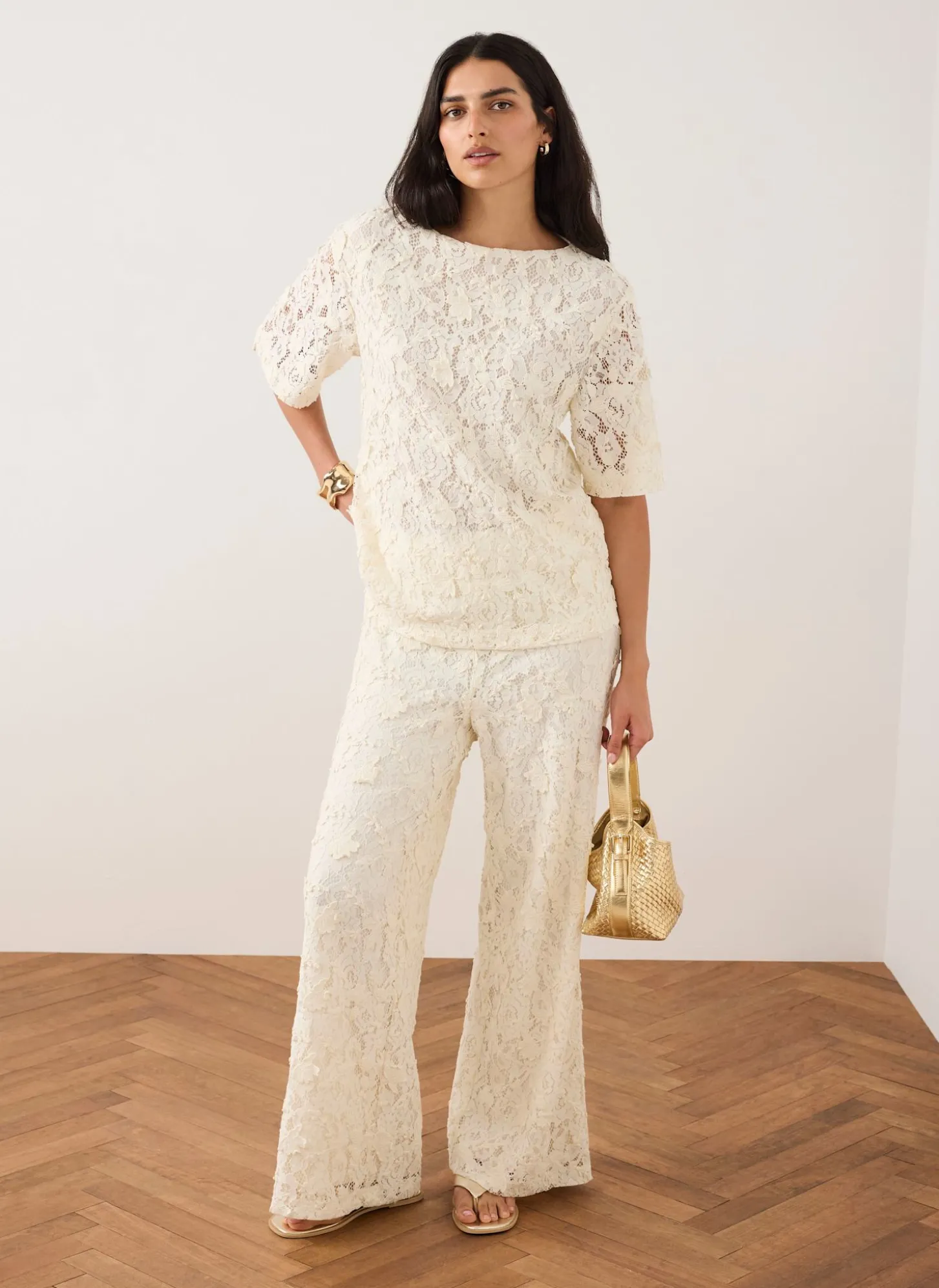Cream Lace Wide Leg Trousers