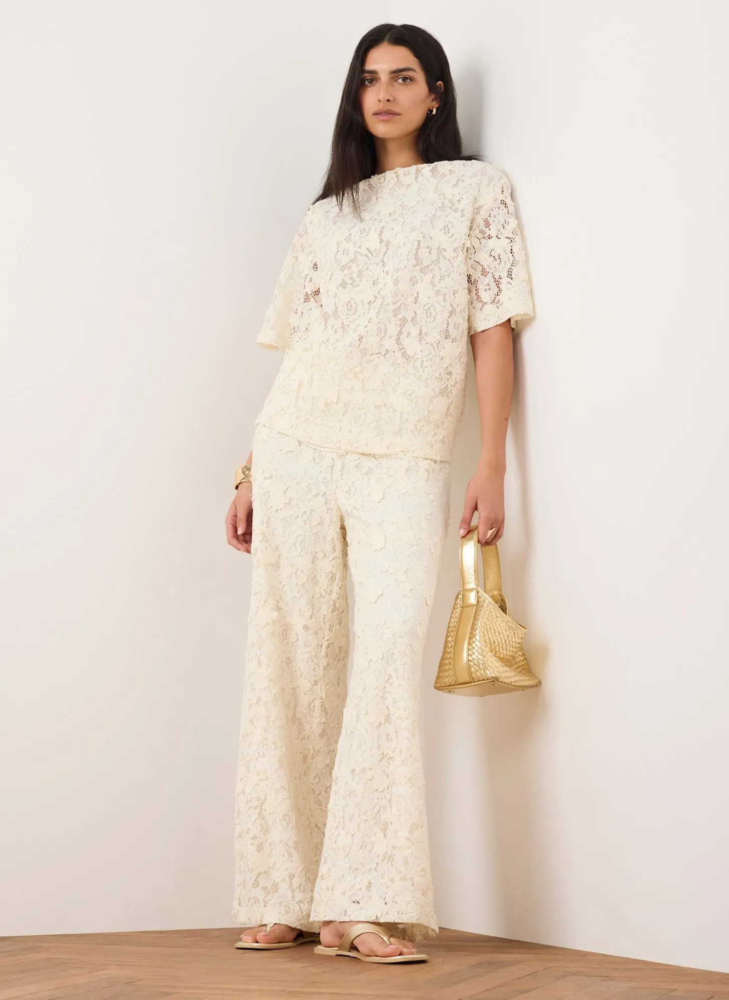 Cream Lace Wide Leg Trousers