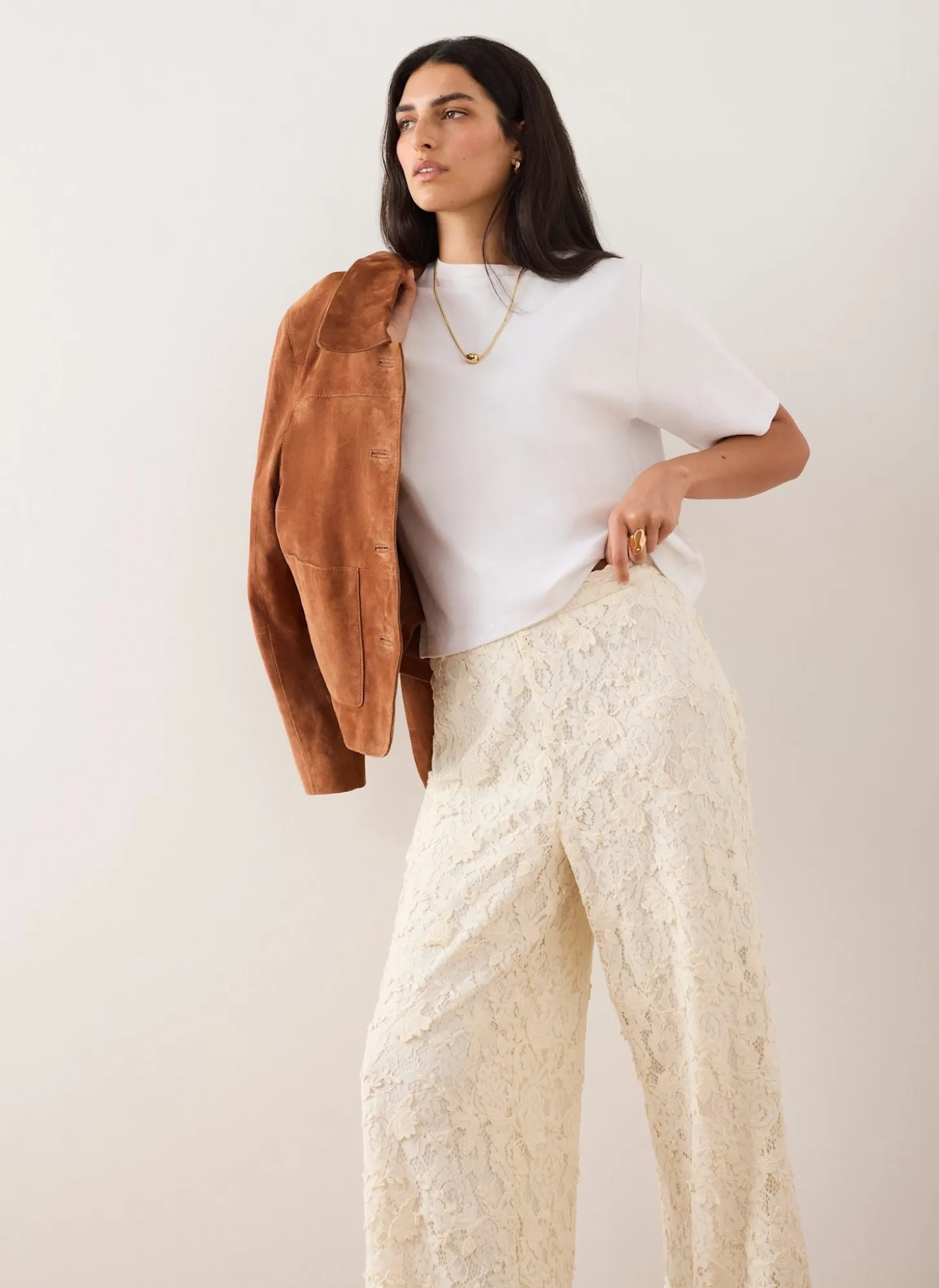 Cream Lace Wide Leg Trousers