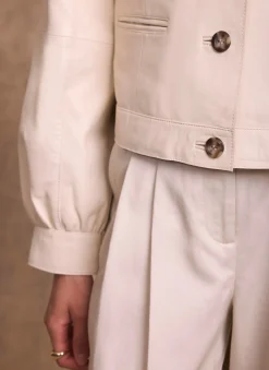 Cream Leather Puff Sleeve Jacket