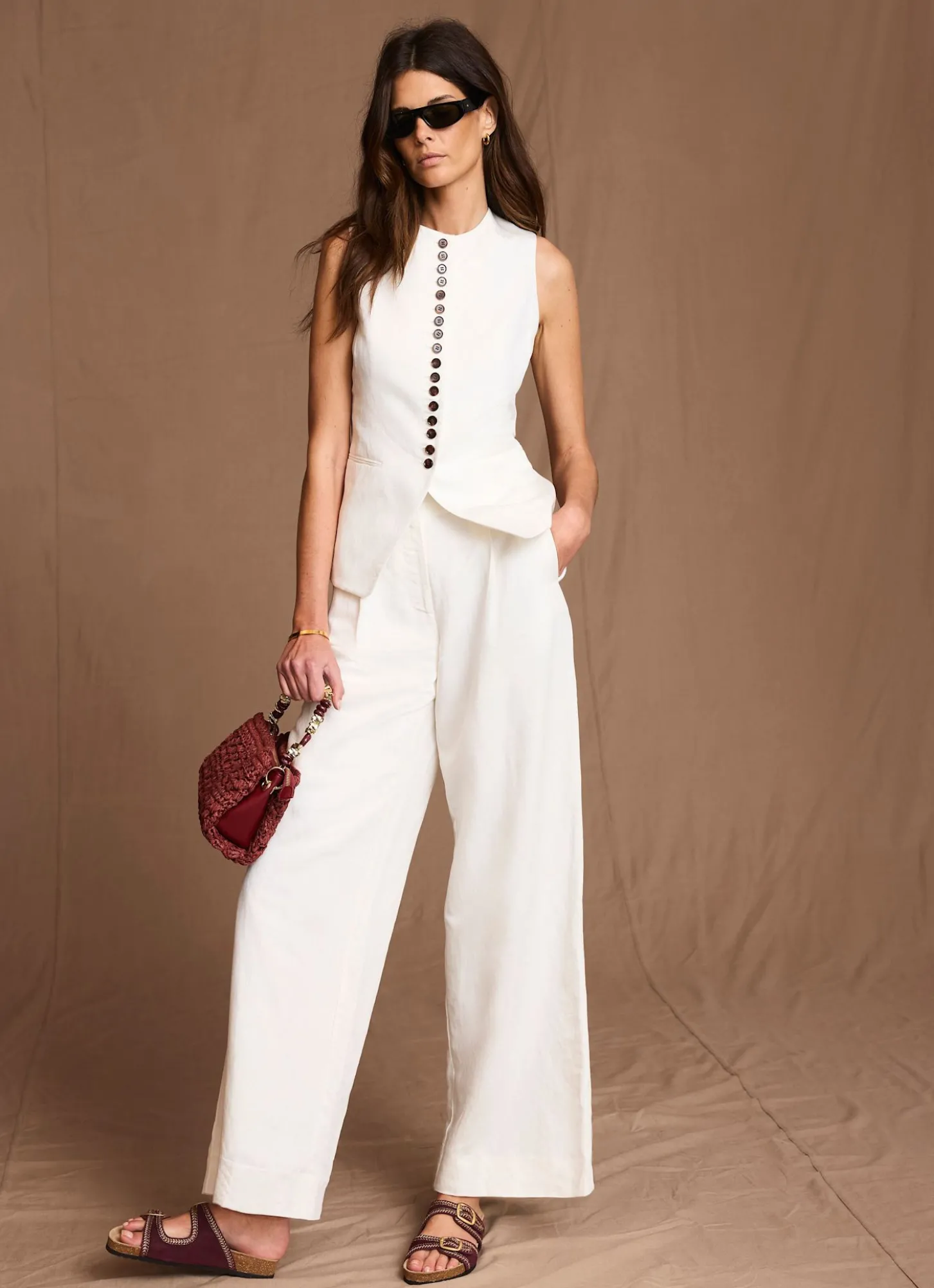 Cream Linen Blend Pleated Wide Leg Trousers