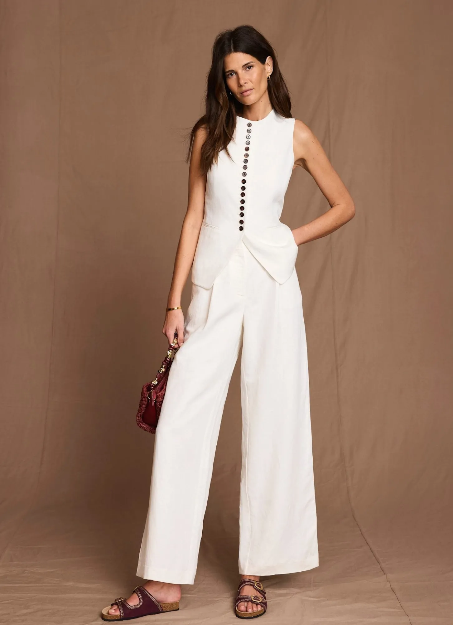 Cream Linen Blend Pleated Wide Leg Trousers