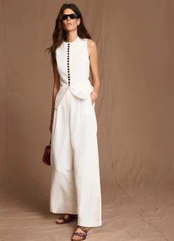 Cream Linen Blend Pleated Wide Leg Trousers