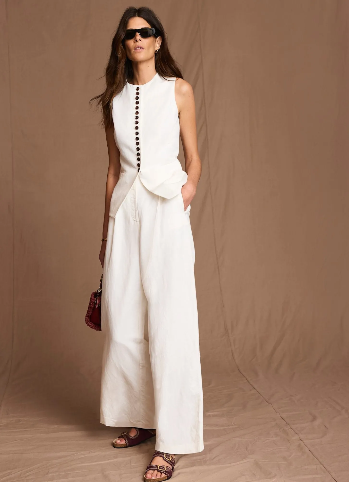 Cream Linen Blend Pleated Wide Leg Trousers