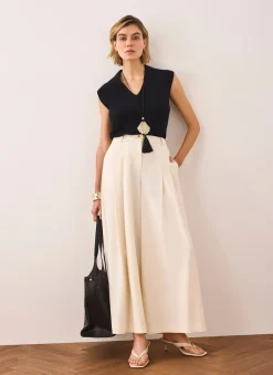 Cream Pleated Cropped Wide Trousers