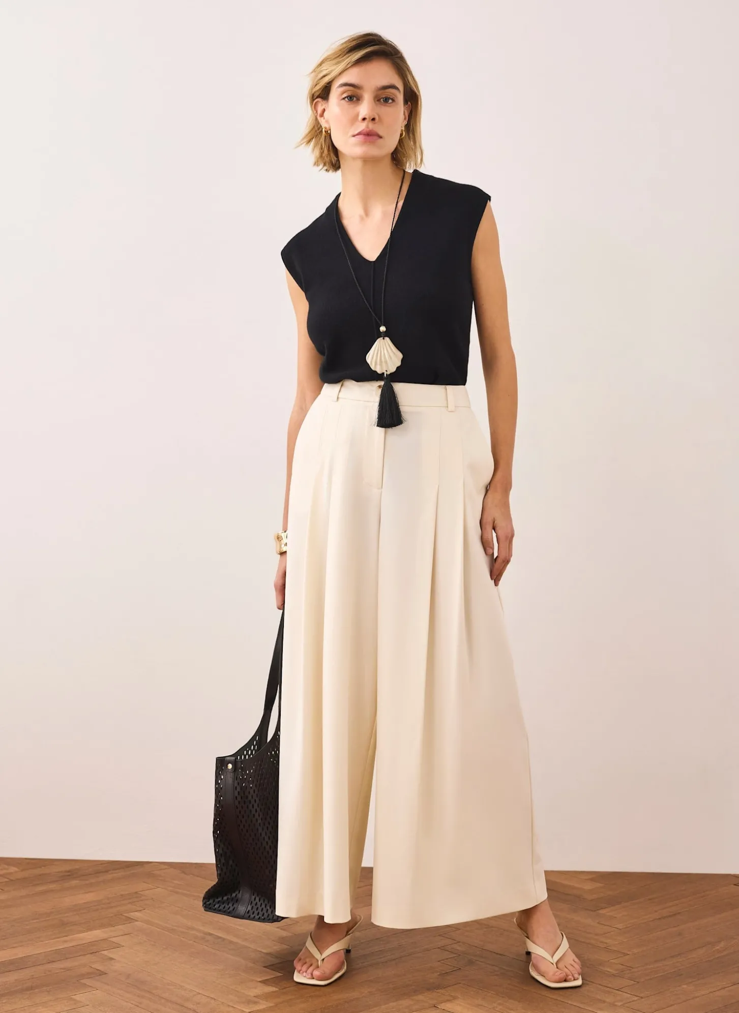 Cream Pleated Cropped Wide Trousers