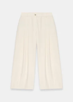 Cream Pleated Cropped Wide Trousers