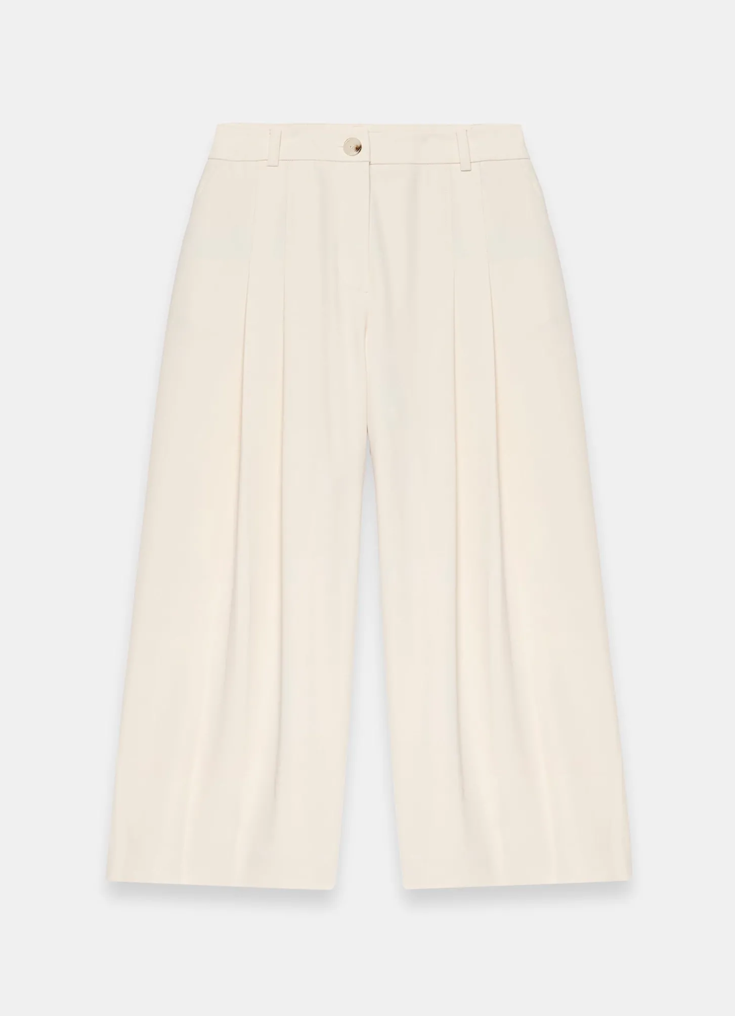 Cream Pleated Cropped Wide Trousers