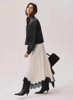 Cream Polka Dot Lace Trim Maxi Skirt