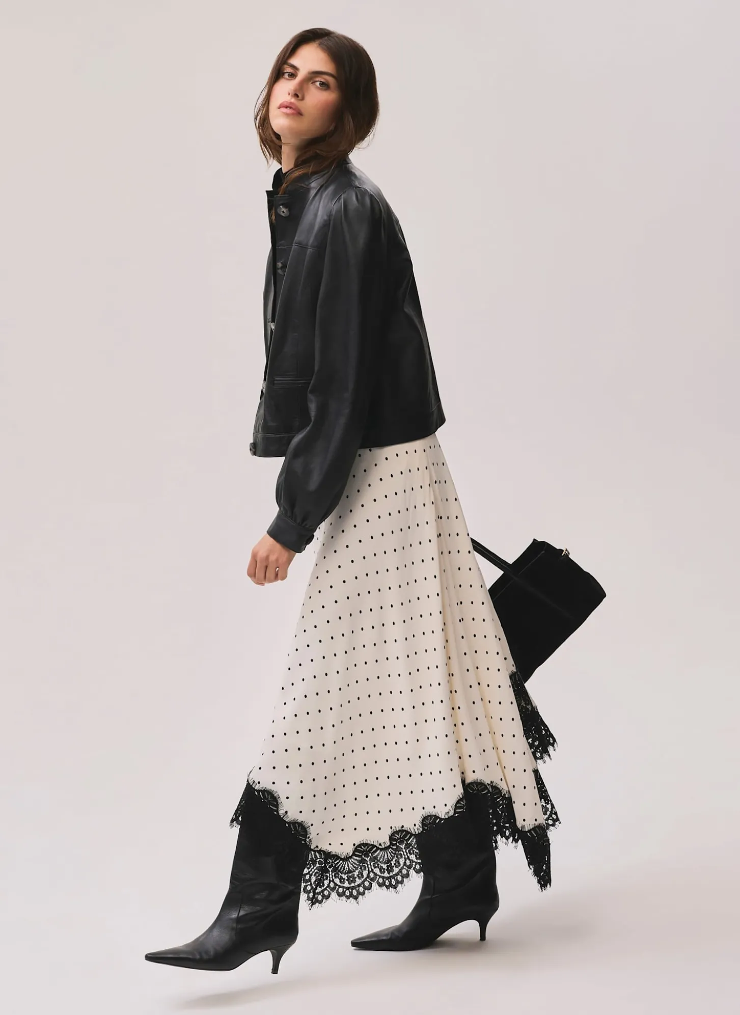 Cream Polka Dot Lace Trim Maxi Skirt