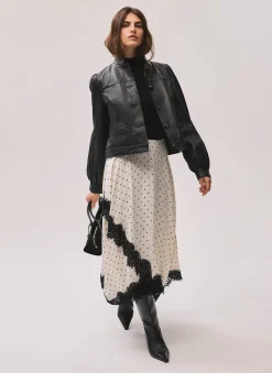 Cream Polka Dot Lace Trim Maxi Skirt