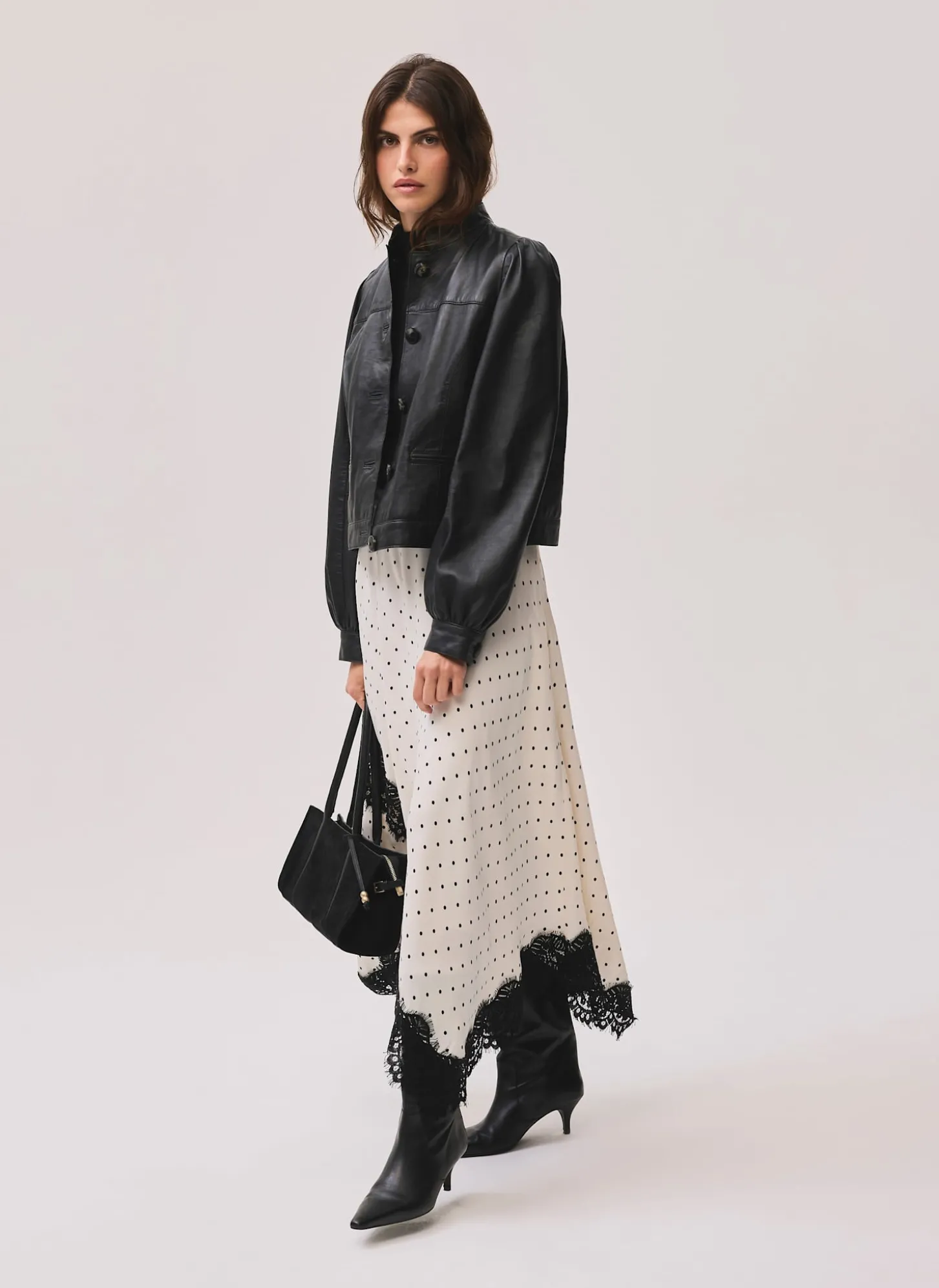 Cream Polka Dot Lace Trim Maxi Skirt