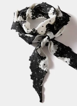 Cream Polka Dot Print Lace Trim Scarf