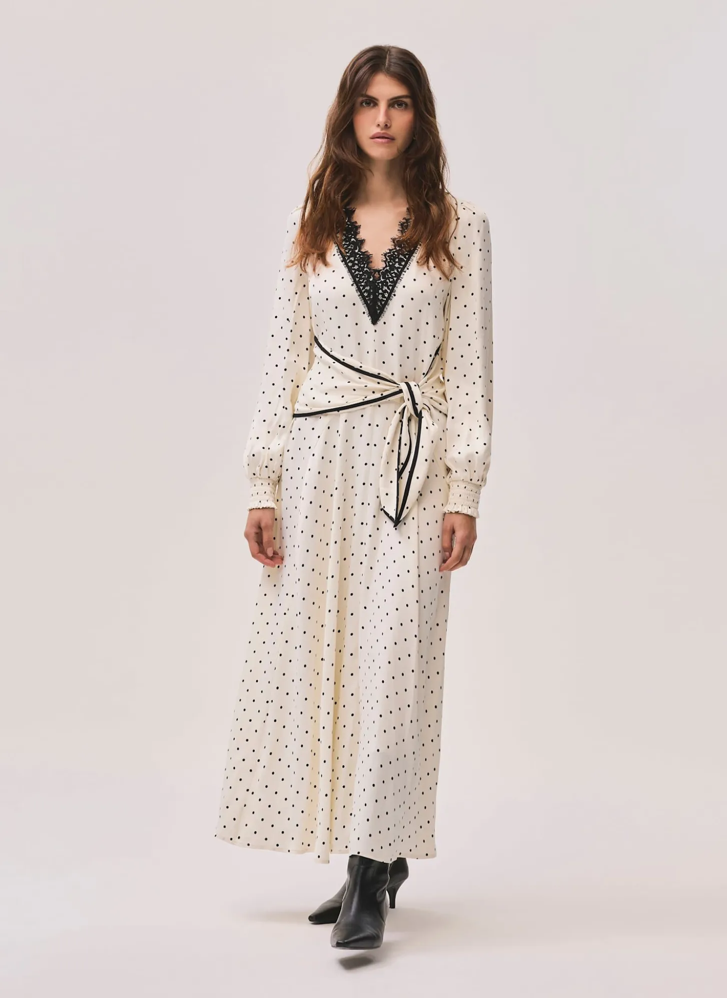 Cream Polka Dot Tie Maxi Dress