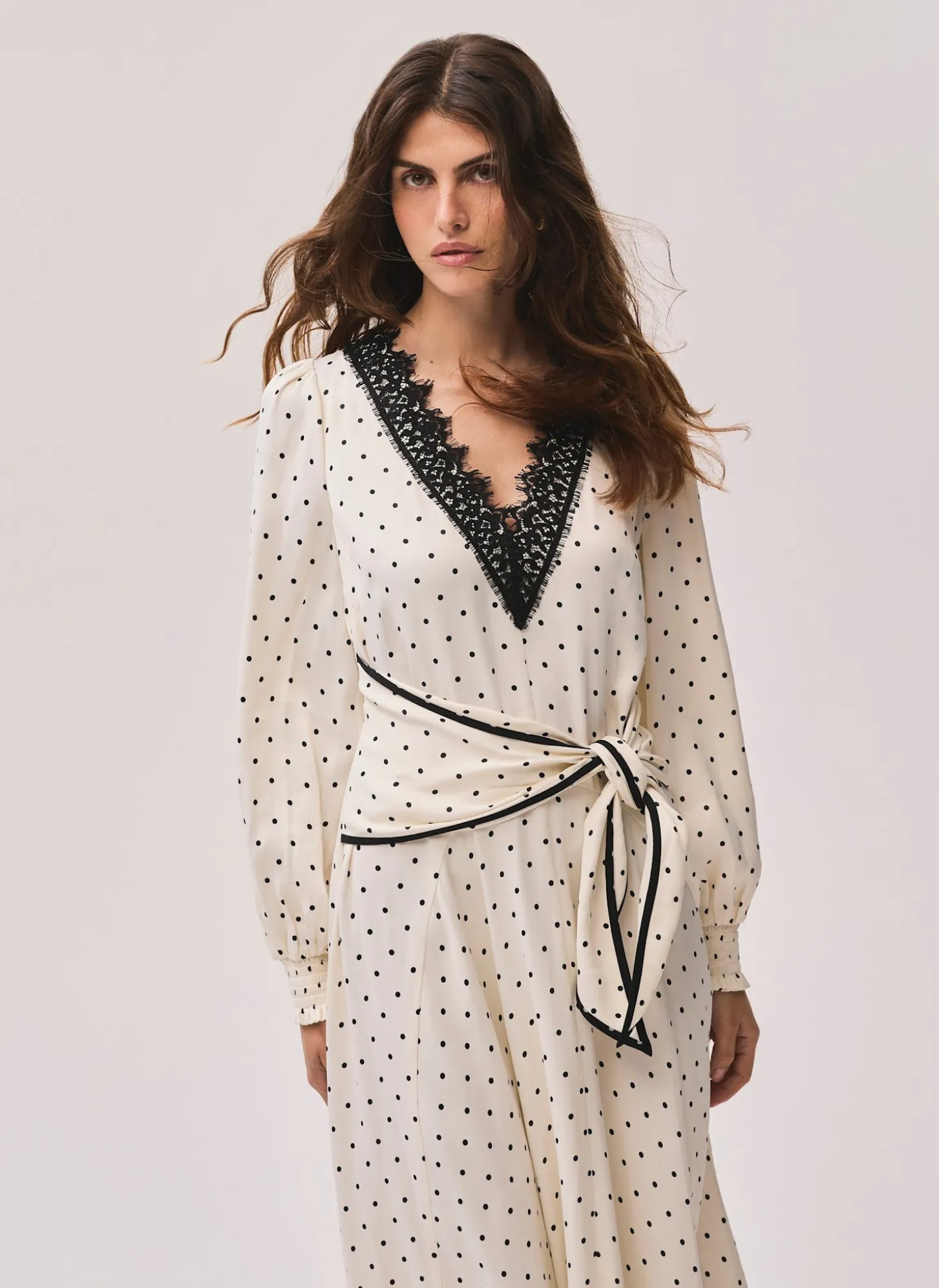 Cream Polka Dot Tie Maxi Dress