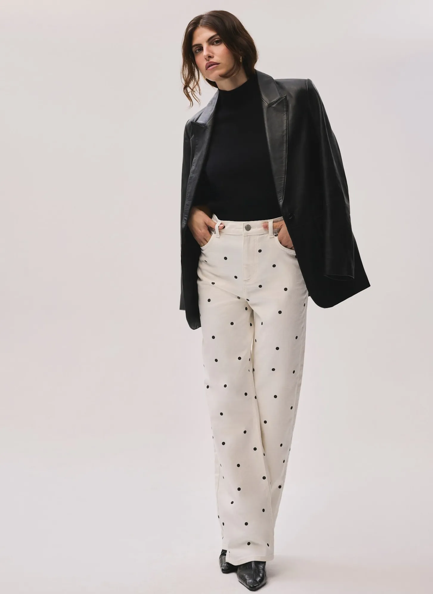 Cream Polka Dot Wide Jeans