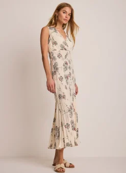 Cream Printed Crinkle Midi Dress