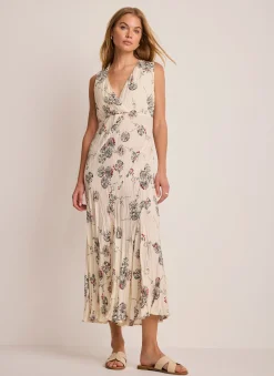 Cream Printed Crinkle Midi Dress